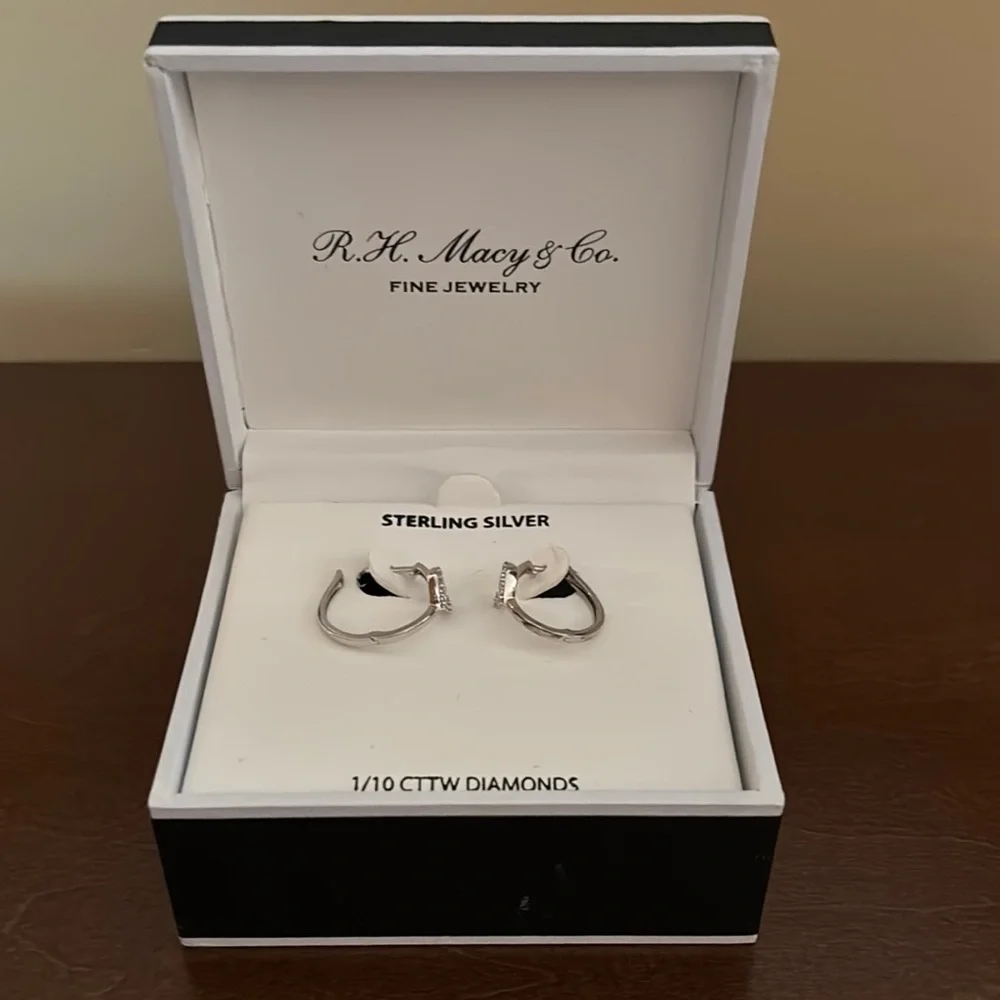 Sterling Silver Diamond Hoop heart Earrings ❤️ - Picture 2 of 6